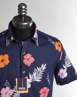 Benson Champlain Navy Flowers Cotton  Tencel Short Sleeve Shirt Navy 5