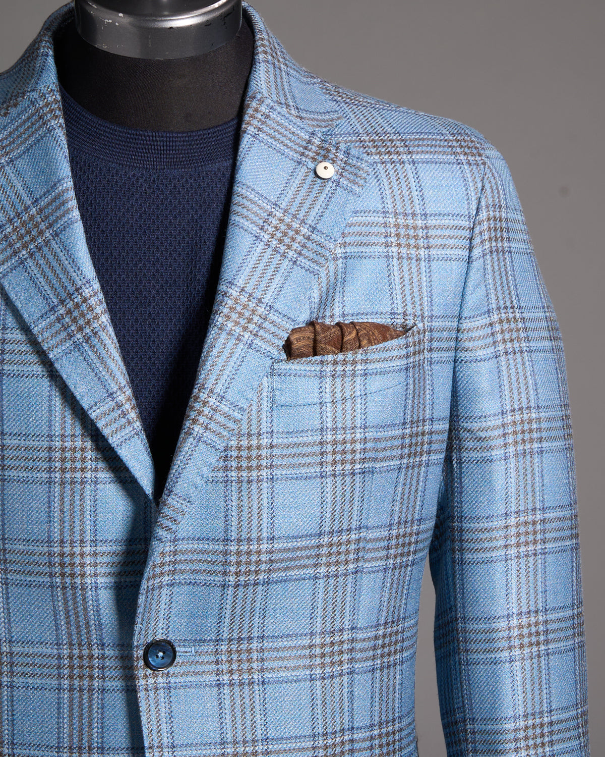 L.B.M. 1911 Blue Check Wool Silk Linen Sport Jacket Blue 7 7709