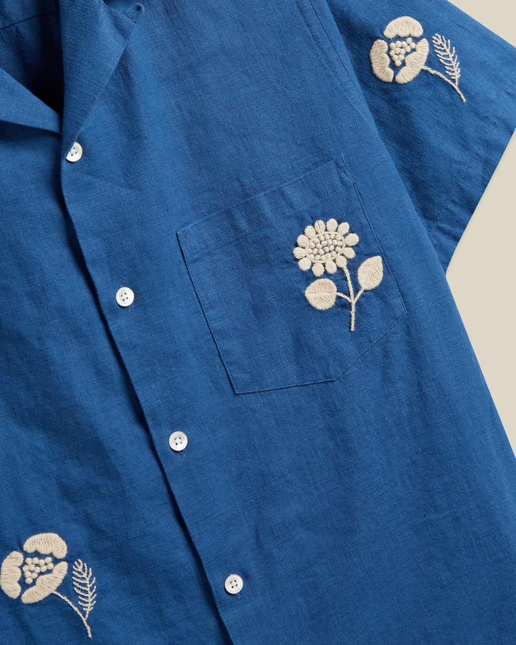 Portuguese Flannel Embroidery Nature Ramie Camp Collar Shirt Blue 3