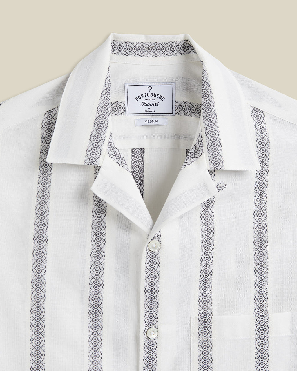 Portuguese Flannel Louro Cotton Fine Embroidered Stripe Camp Collar Shirt White 2