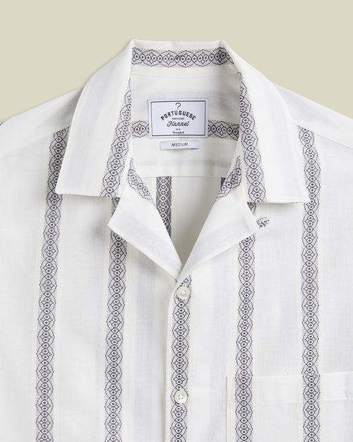 Portuguese Flannel Louro Cotton Fine Embroidered Stripe Camp Collar Shirt White 2