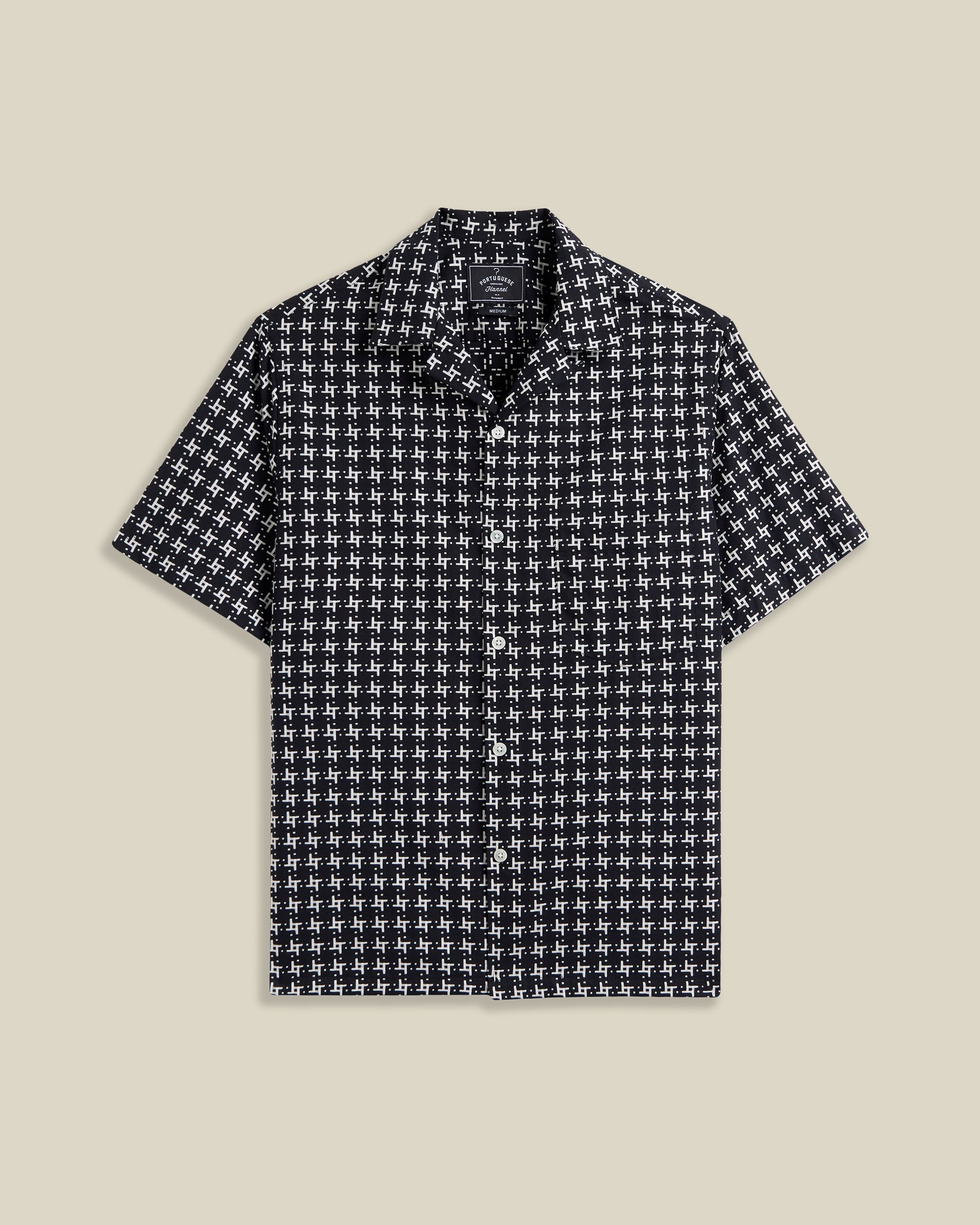 Portuguese Flannel Calypso Neat Design Cotton Camp Collar Shirt Black  White 1