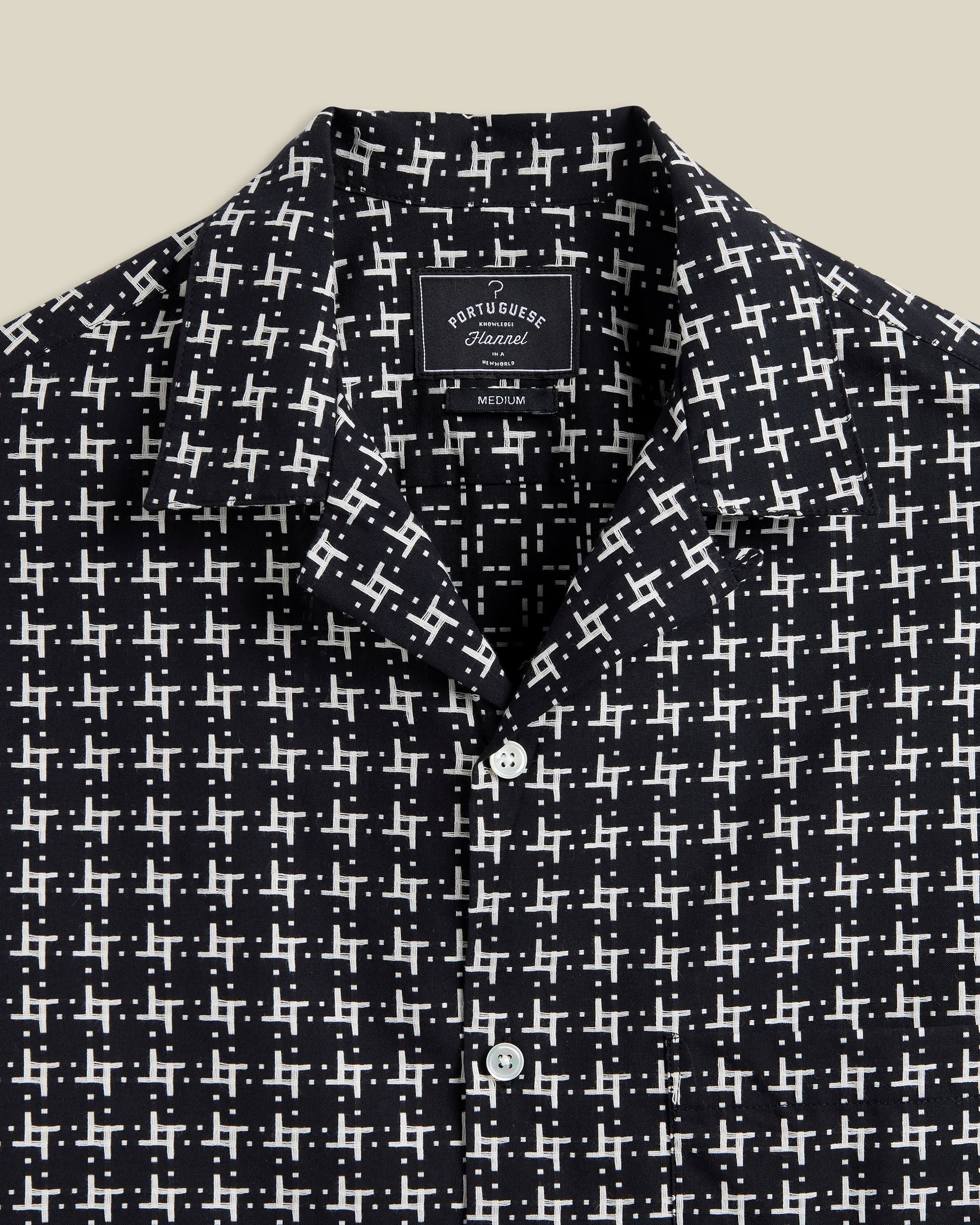 Portuguese Flannel Calypso Neat Design Cotton Camp Collar Shirt Black  White 2