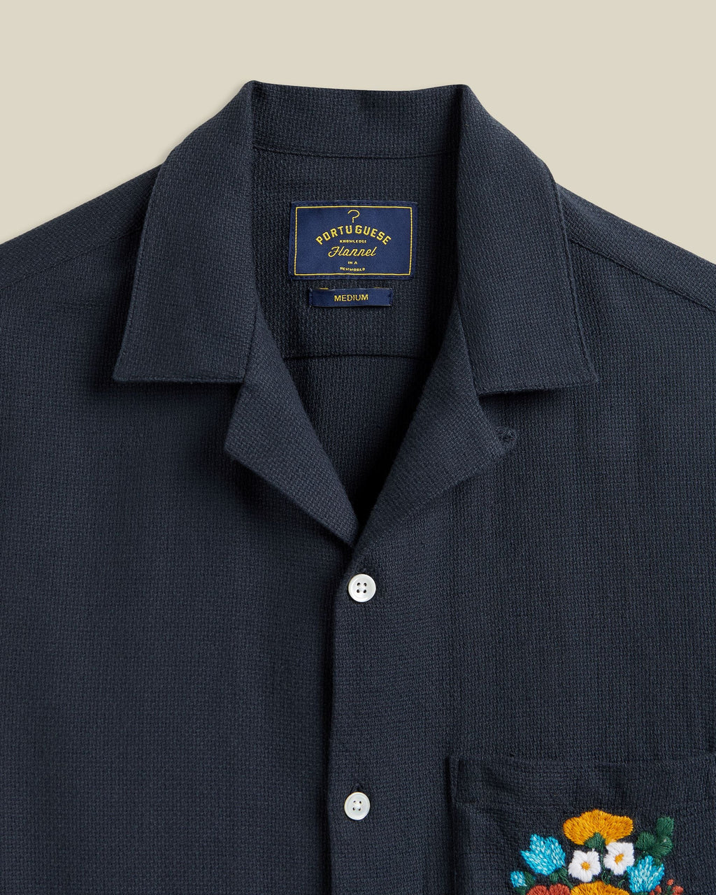 Portuguese Flannel Embroidery Piquet Cotton Camp Collar Shirt Navy 2
