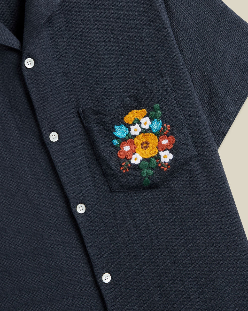 Portuguese Flannel Embroidery Piquet Cotton Camp Collar Shirt Navy 3