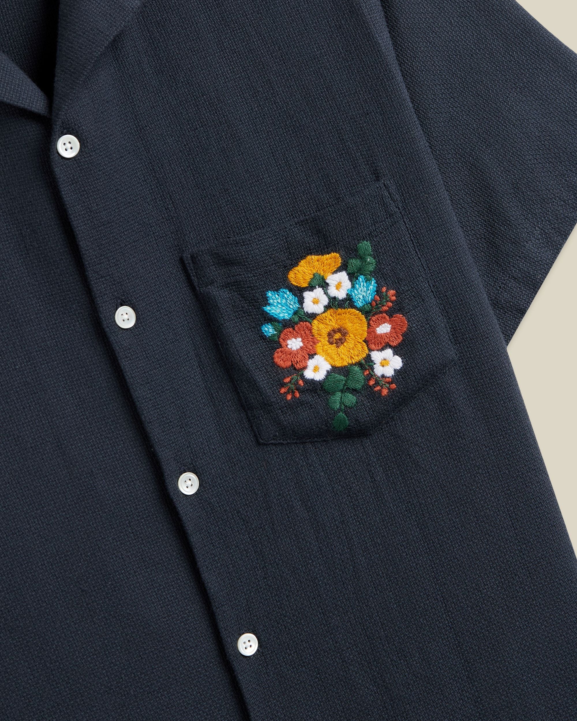 Portuguese Flannel Embroidery Piquet Cotton Camp Collar Shirt Navy 3