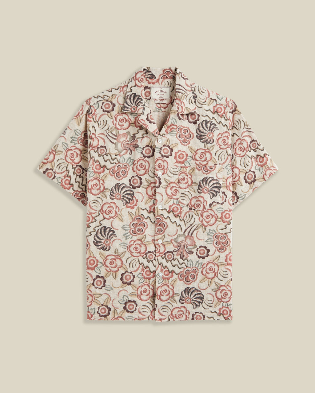 Portuguese Flannel Flowers Painting Natural Linen  Cotton Camp Collar Shirt Rust 1