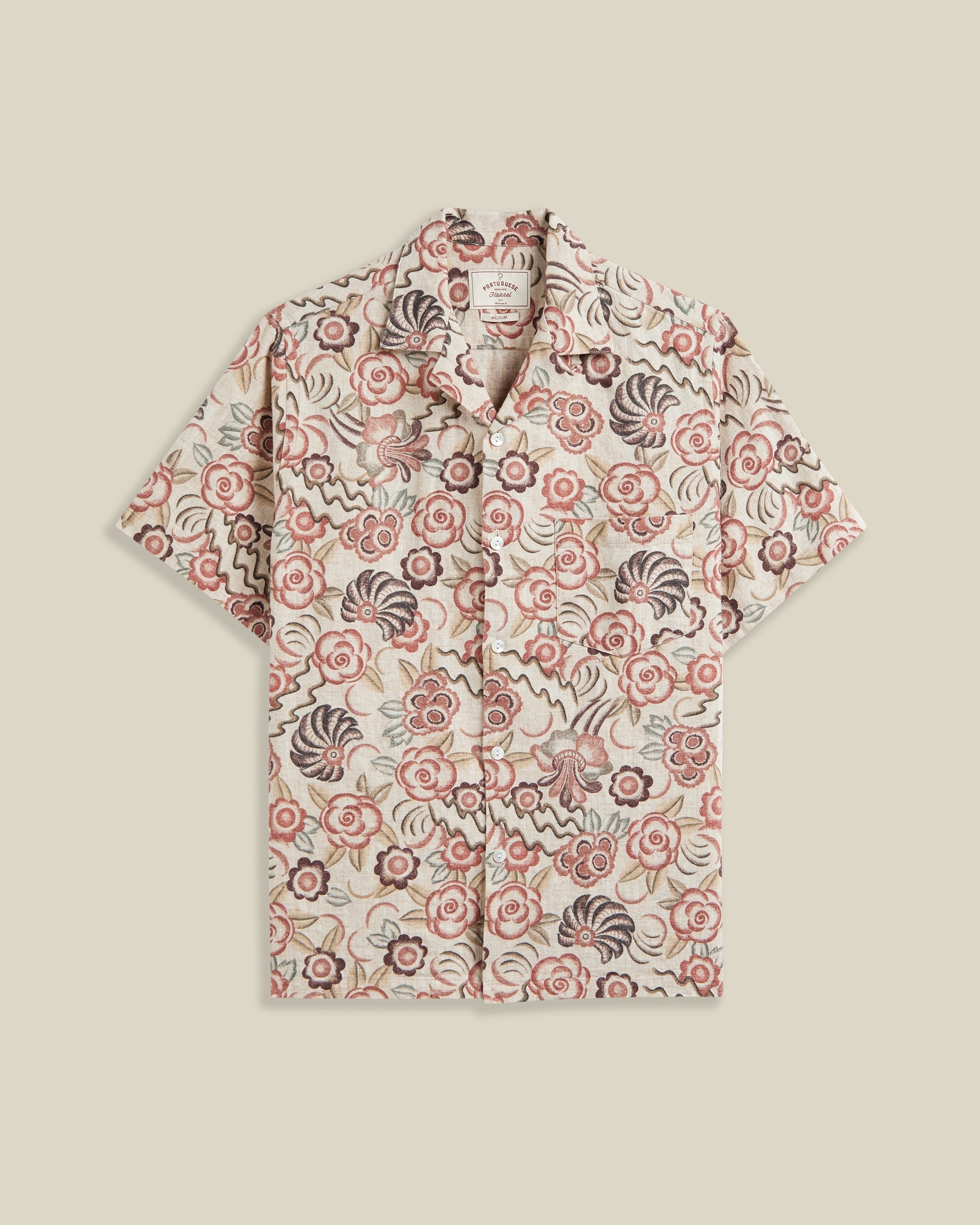 Portuguese Flannel Flowers Painting Natural Linen  Cotton Camp Collar Shirt Rust 1