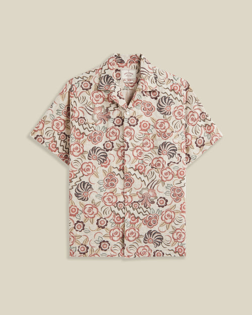Portuguese Flannel Flowers Painting Natural Linen  Cotton Camp Collar Shirt Rust 1