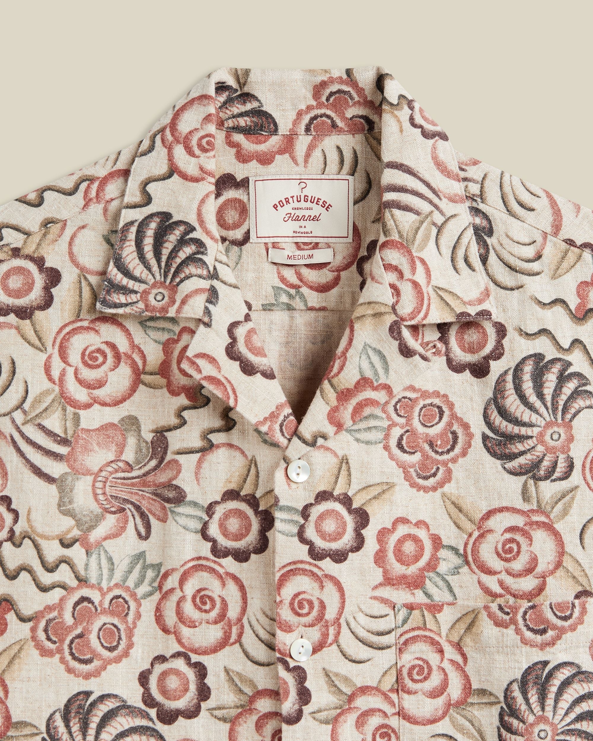 Portuguese Flannel Flowers Painting Natural Linen  Cotton Camp Collar Shirt Rust 2