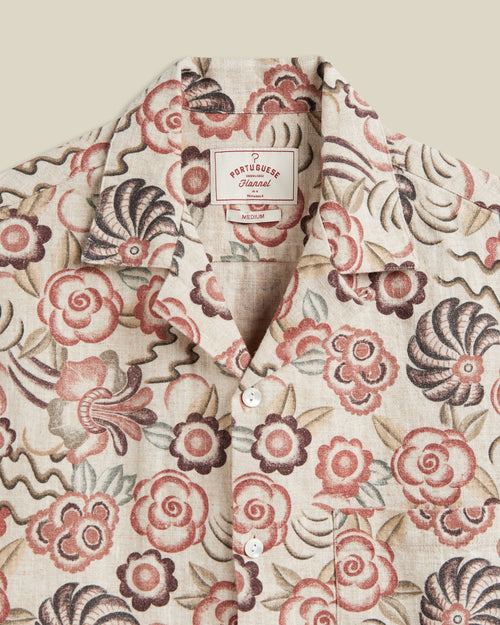 Portuguese Flannel Flowers Painting Natural Linen  Cotton Camp Collar Shirt Rust 2