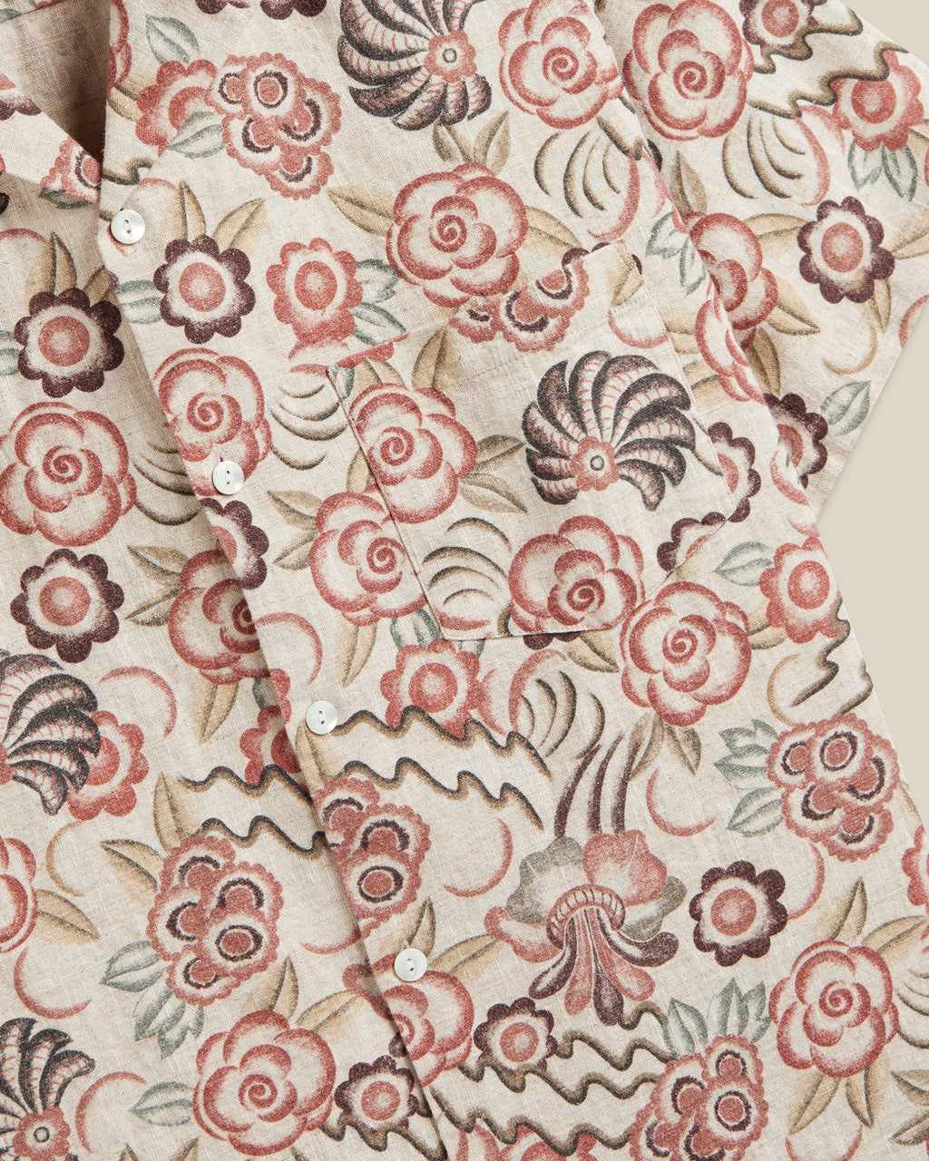 Portuguese Flannel Flowers Painting Natural Linen  Cotton Camp Collar Shirt Rust 3