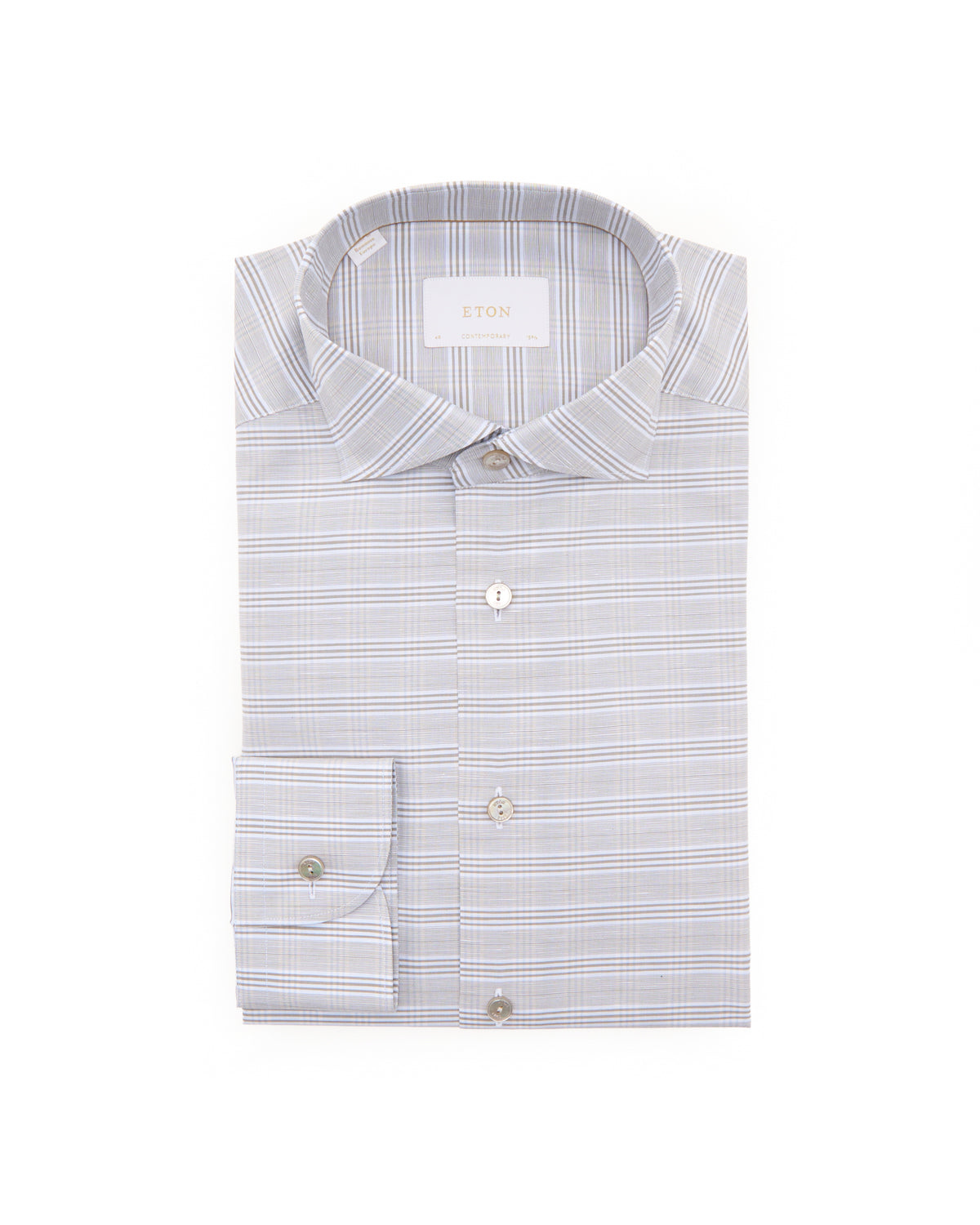 Eton Check Cotton 7 Linen Contemporary Shirt Beige 7465